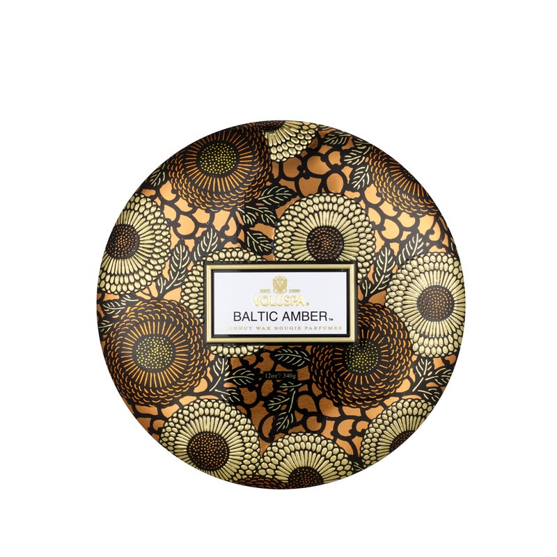 Voluspa Baltic Amber, Tin Candle 3 Wick Tin Candle, 12 oz, 40 Hours Burn Time, Coconut Wax for Clean Burning, Handcrafted in the USA - Image 1